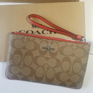 Pretty Coach Khaki Orange Signature Large Wristlet